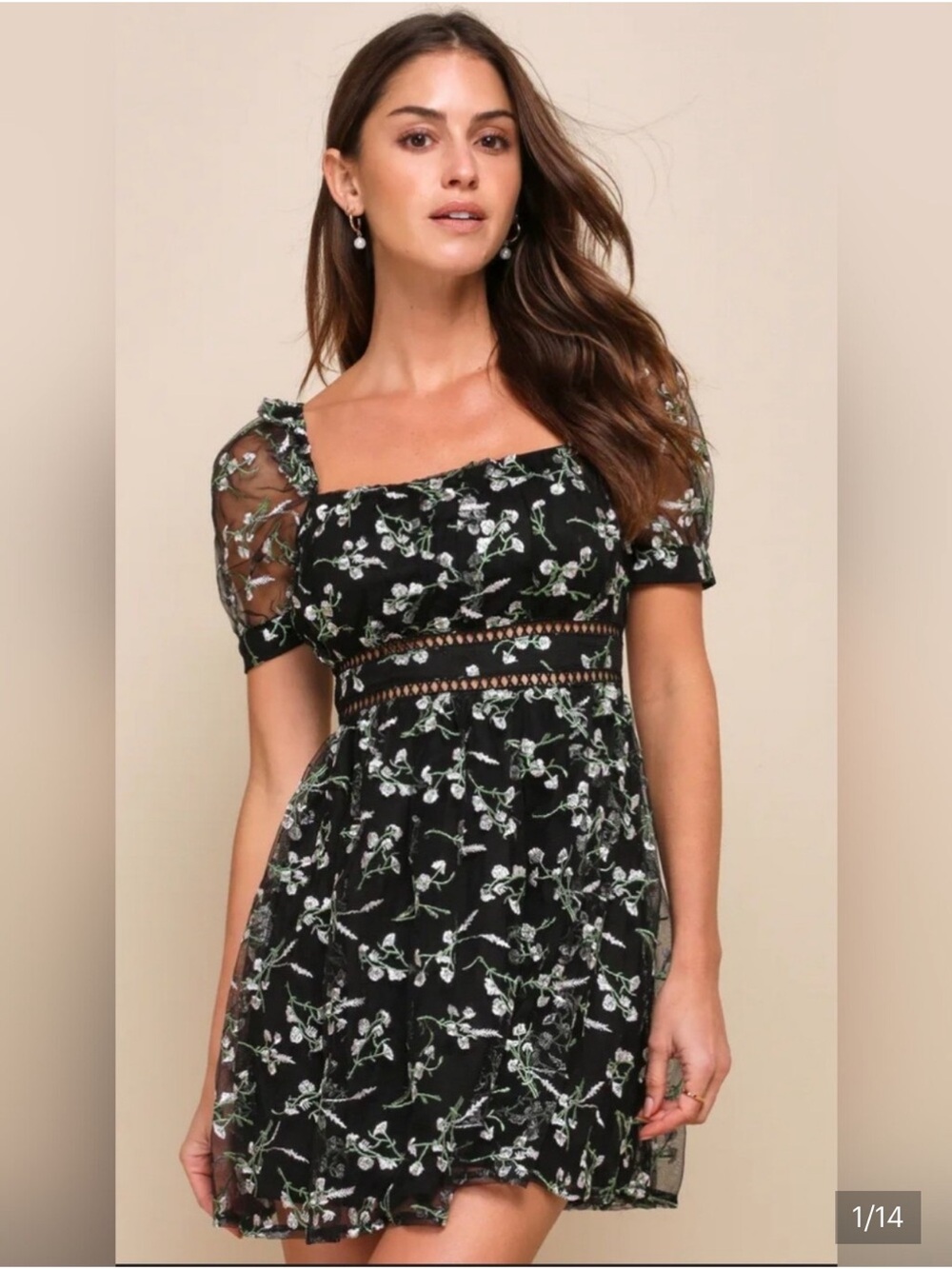 Lulu's Black Floral Mini Dress with White & Green Accents